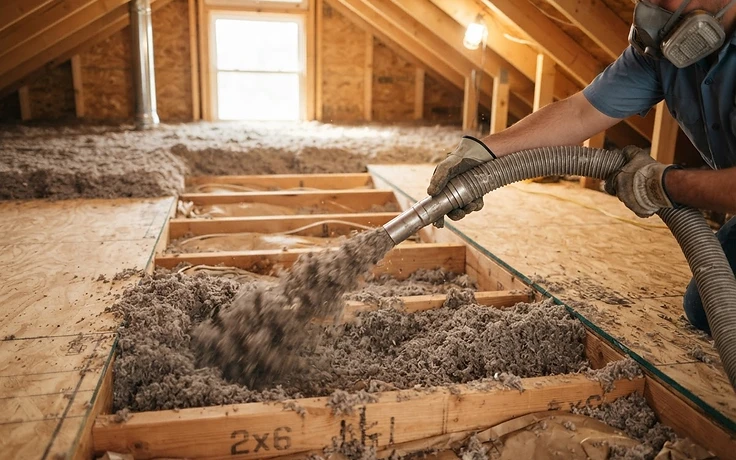 Blown-in cellulose insulation installed in an attic