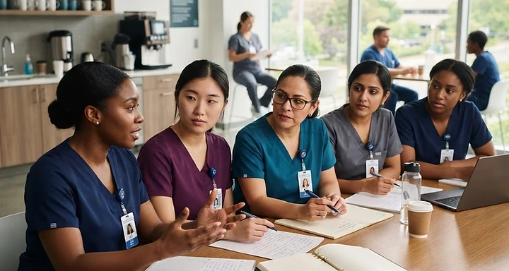 Nurses collaborating on sustainable workplace solutions.