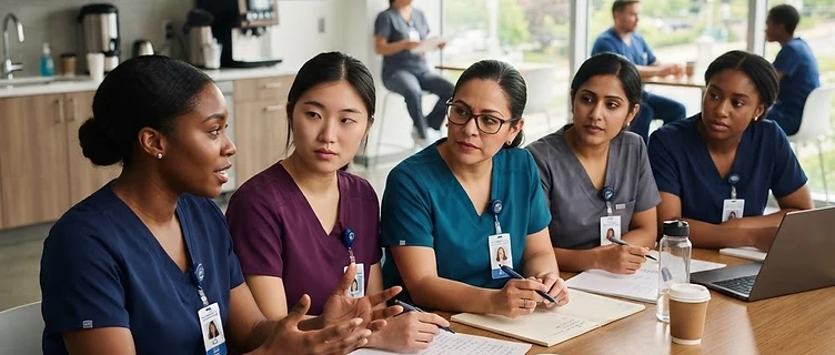 Nurses collaborating on sustainable workplace solutions.