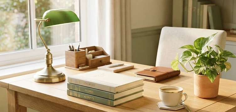 Sunlit meeting room with warm wooden table and olive green chair