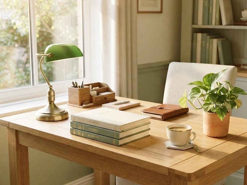Sunlit home office desk with ledgers, coffee, and a green banker's lamp
