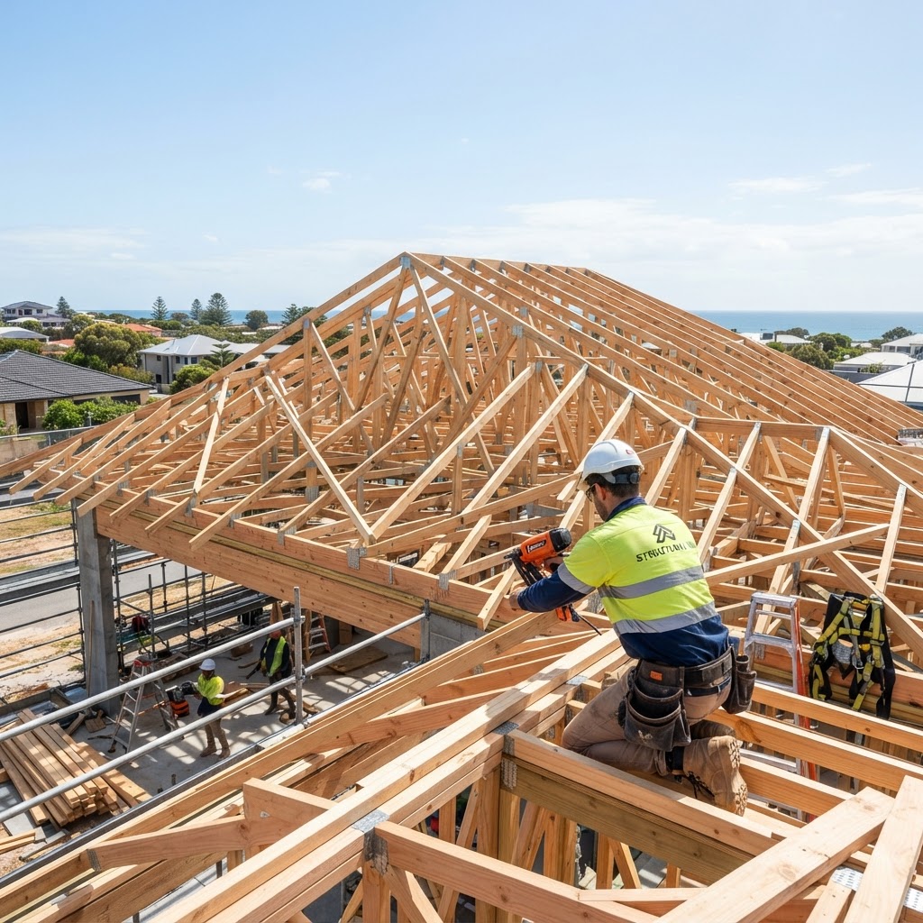 Close up of a professional carpenter installing a wooden roof truss system on a new Perth home.