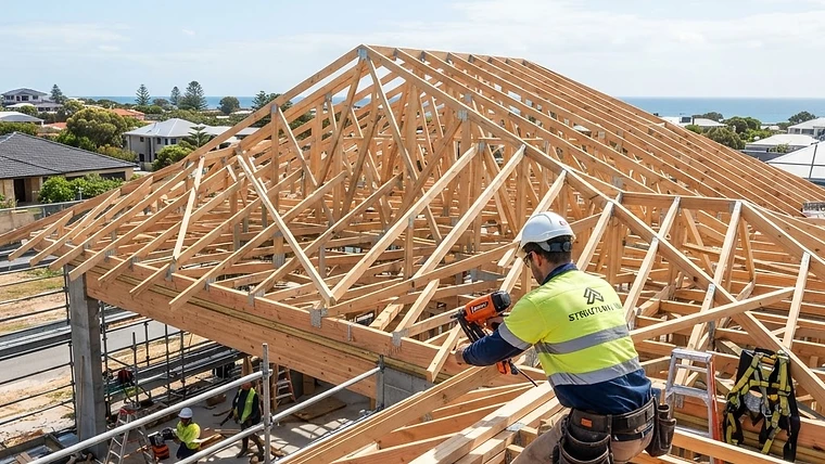 Close up of a professional carpenter installing a wooden roof truss system on a new Perth home.