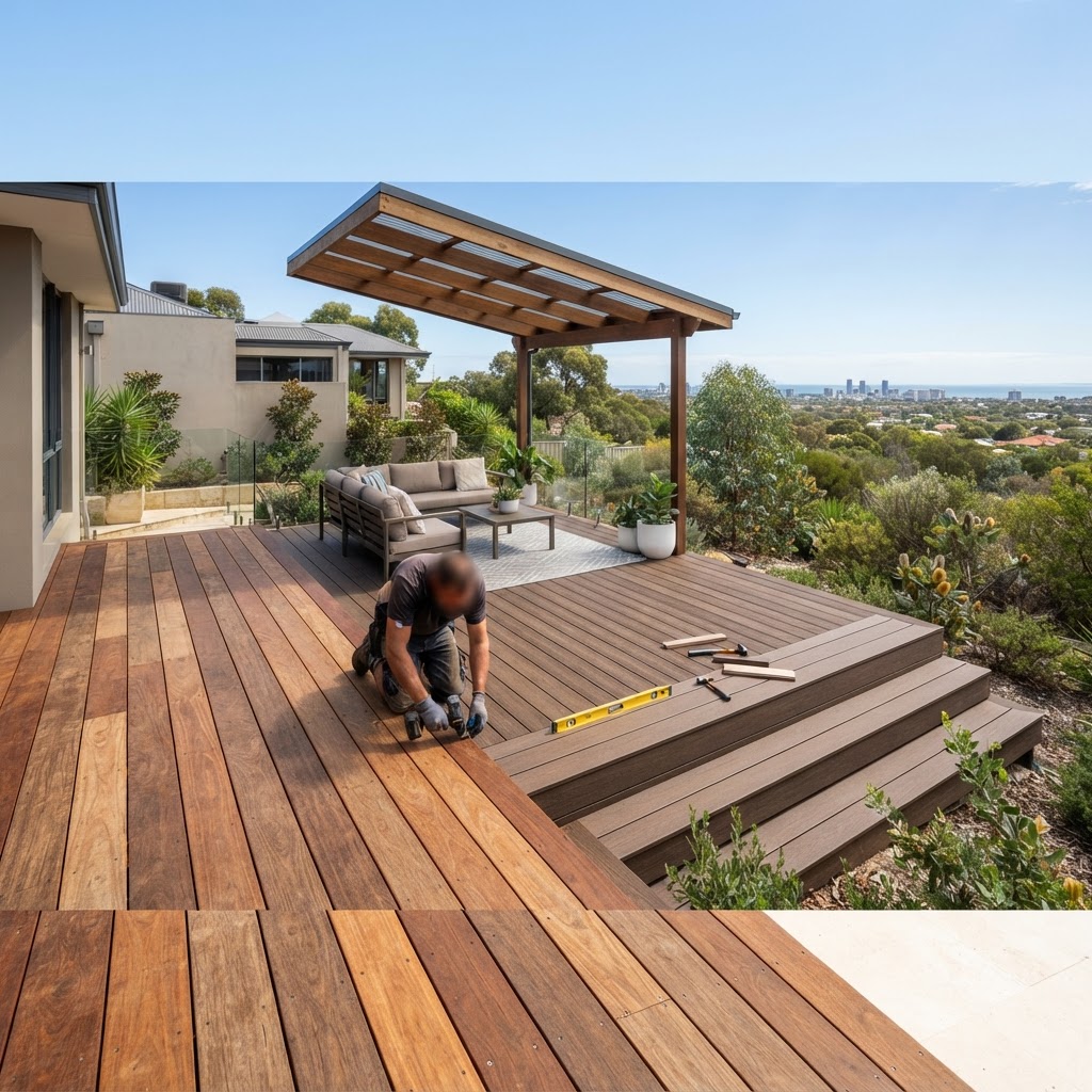 A professional tradesperson installing a timber deck in a residential backyard.