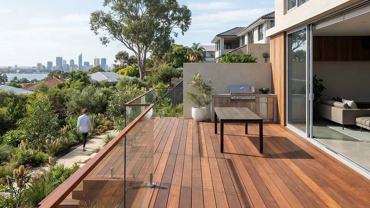 Professional timber decking installation in a modern Perth backyard.