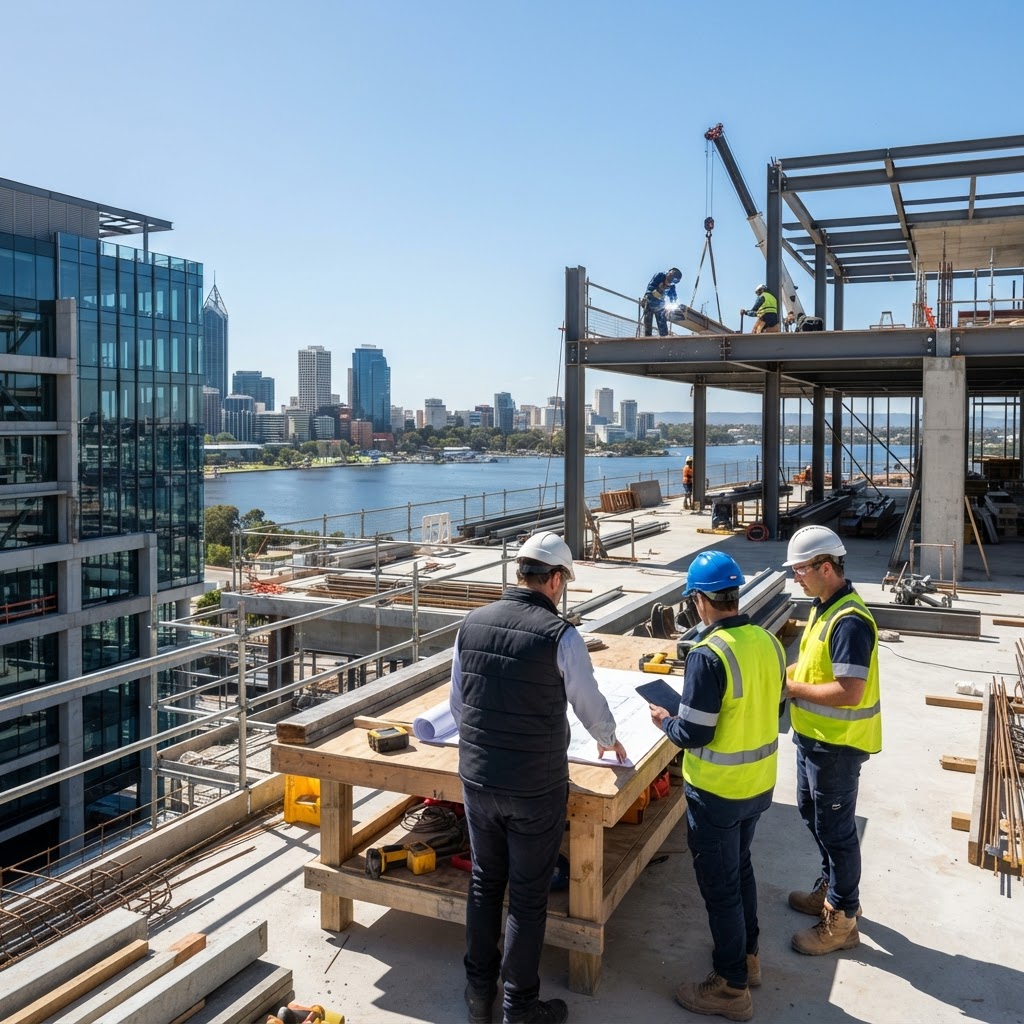 Professional construction crew working on a roofing and carpentry project in Perth