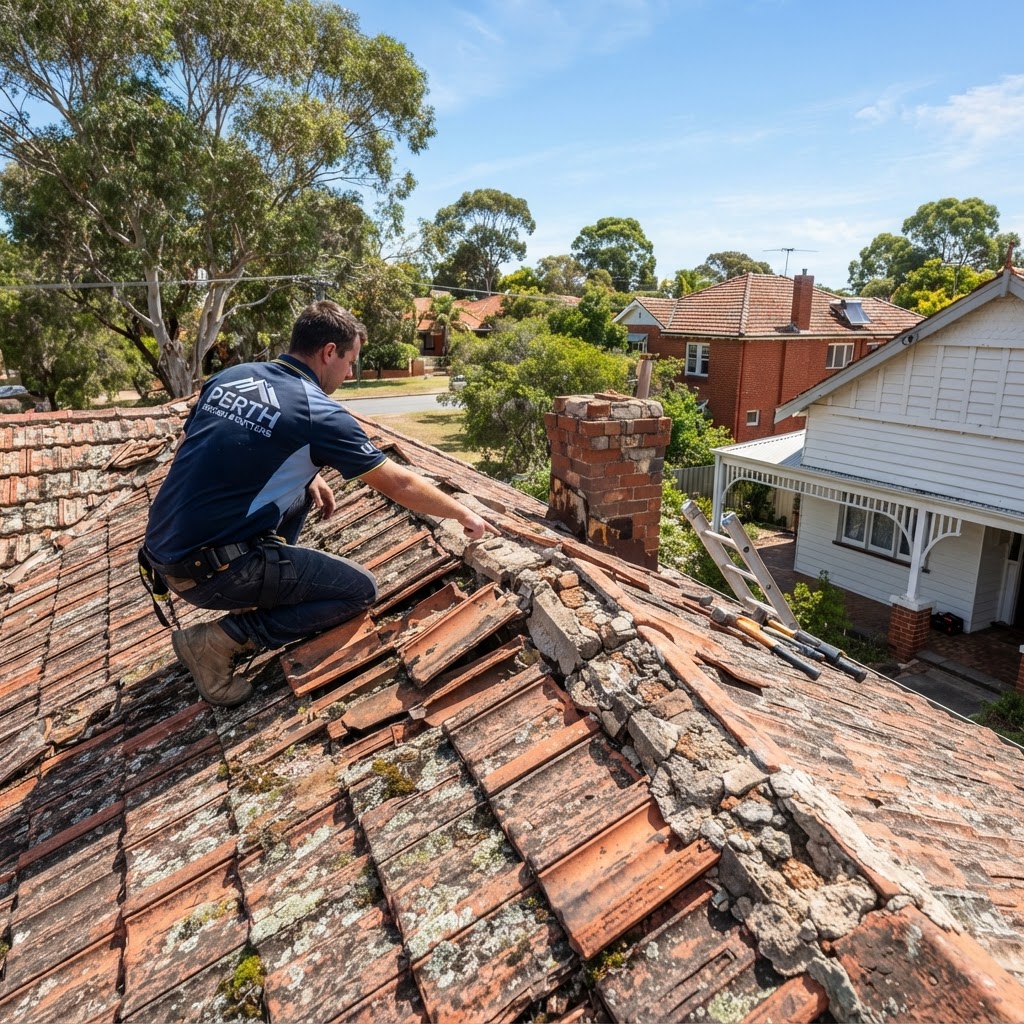 Close up of a weathered metal roof in Perth showing signs of rust and corrosion.