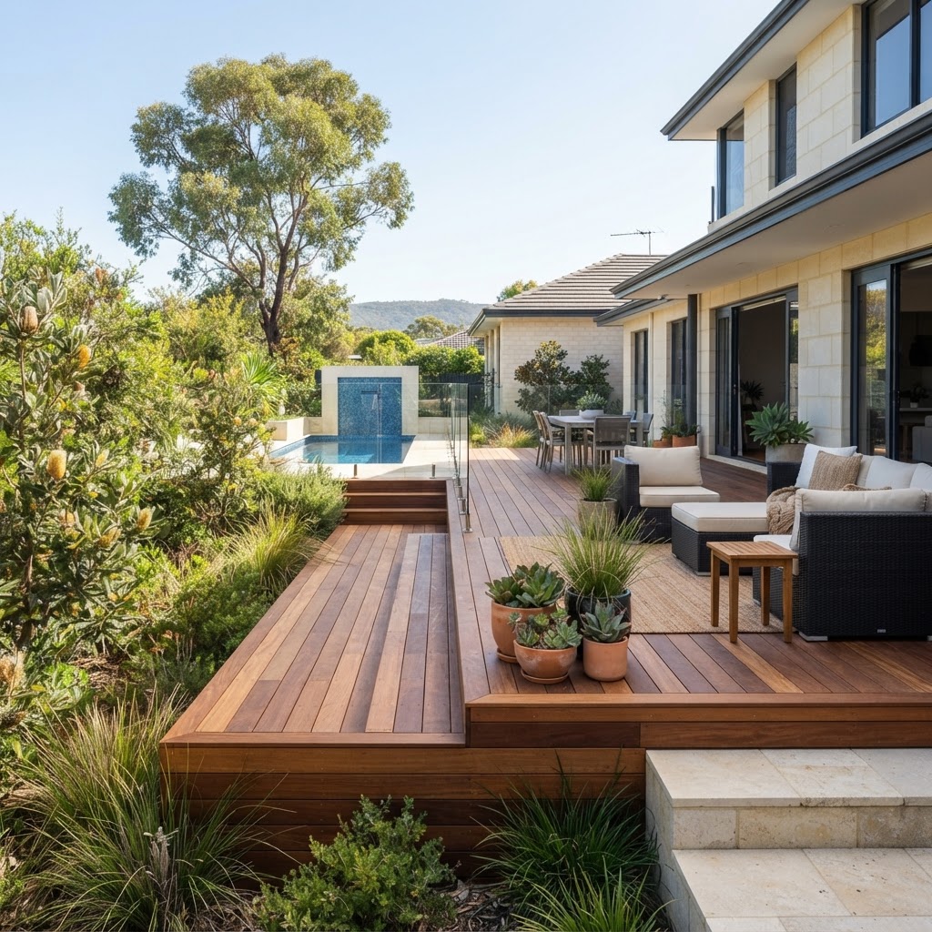 Professional timber decking installation in a modern Perth backyard.