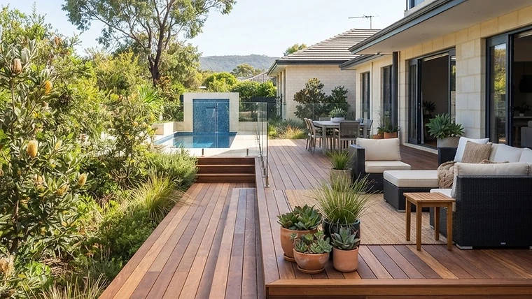 Professional timber decking installation in a modern Perth backyard.