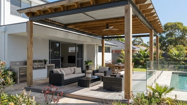 A custom timber pergola providing shade over a deck in a Perth backyard