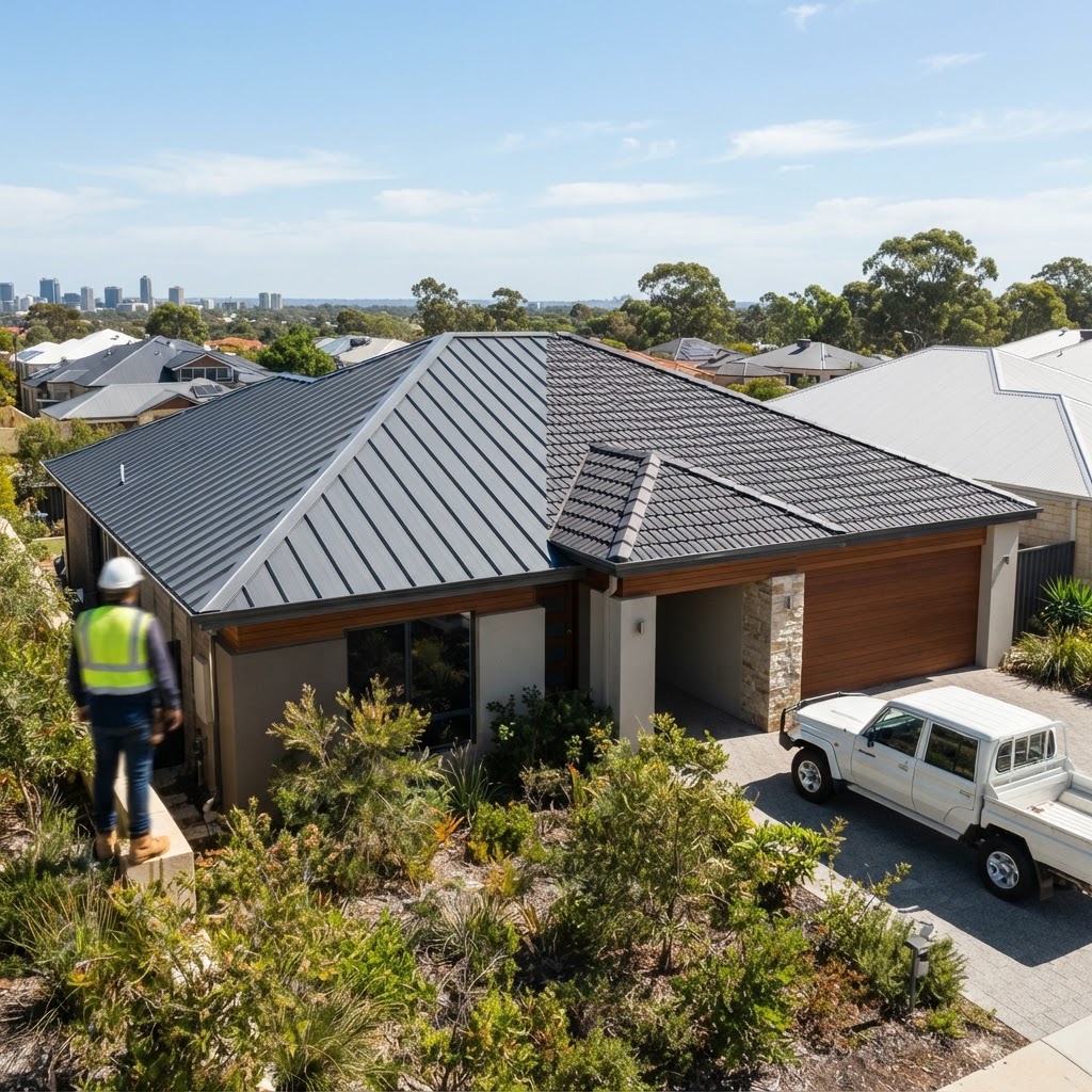 Horizan roofing contractor inspecting a modern Colorbond roof installation in Perth