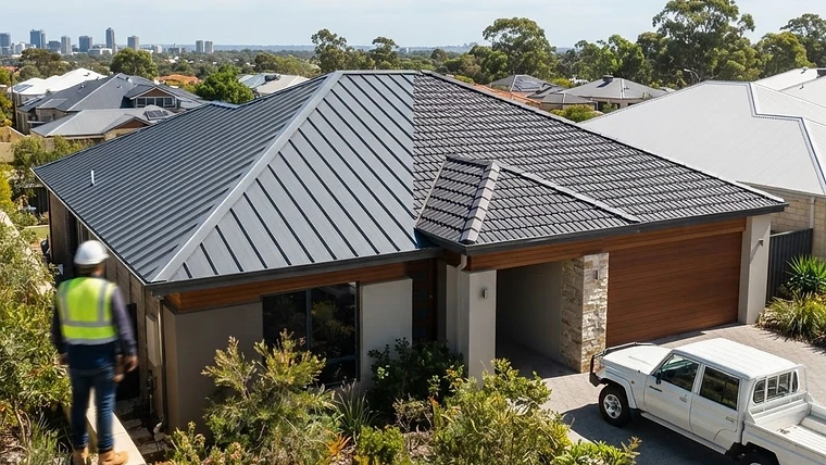 Horizan roofing contractor inspecting a modern Colorbond roof installation in Perth