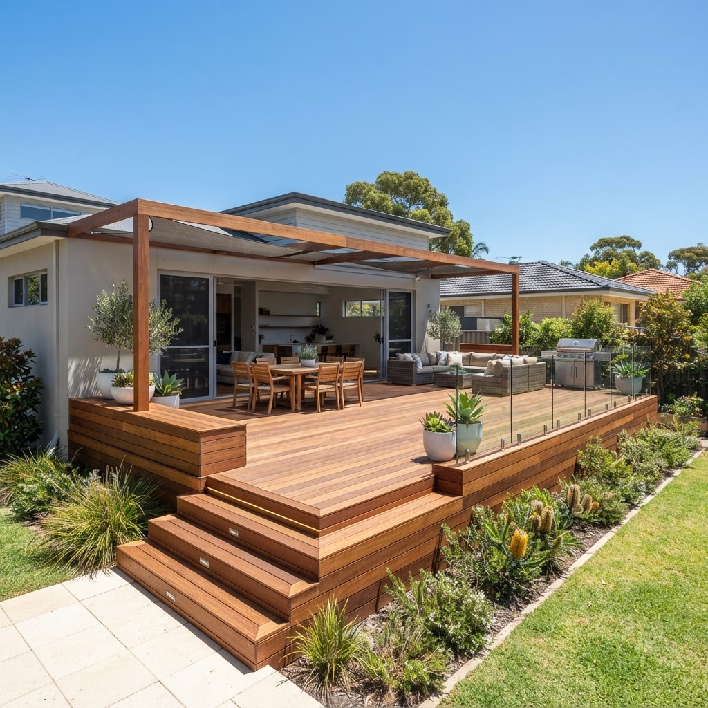 A professionally constructed timber deck in a modern Perth backyard.