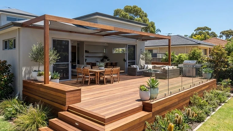 A professionally constructed timber deck in a modern Perth backyard.