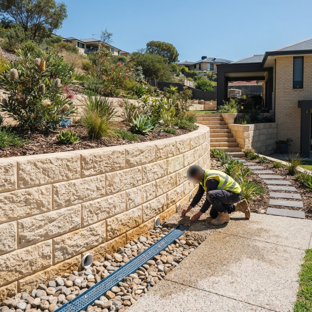 A professionally installed limestone retaining wall in a Perth garden setting.