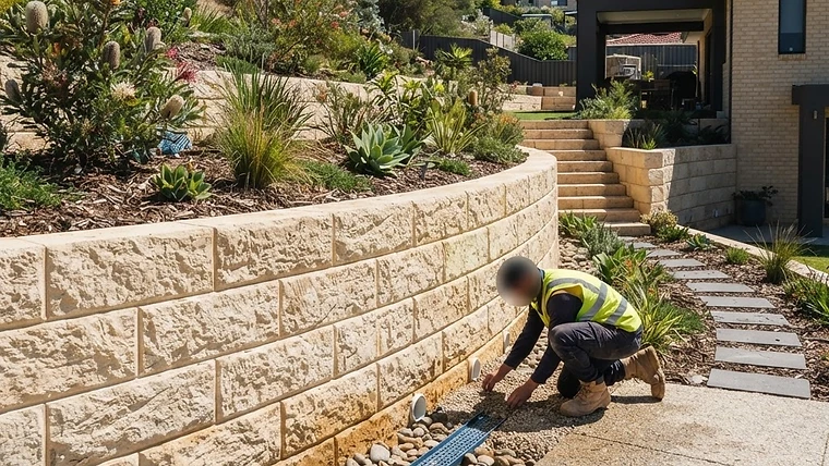 A professionally installed limestone retaining wall in a Perth garden setting.