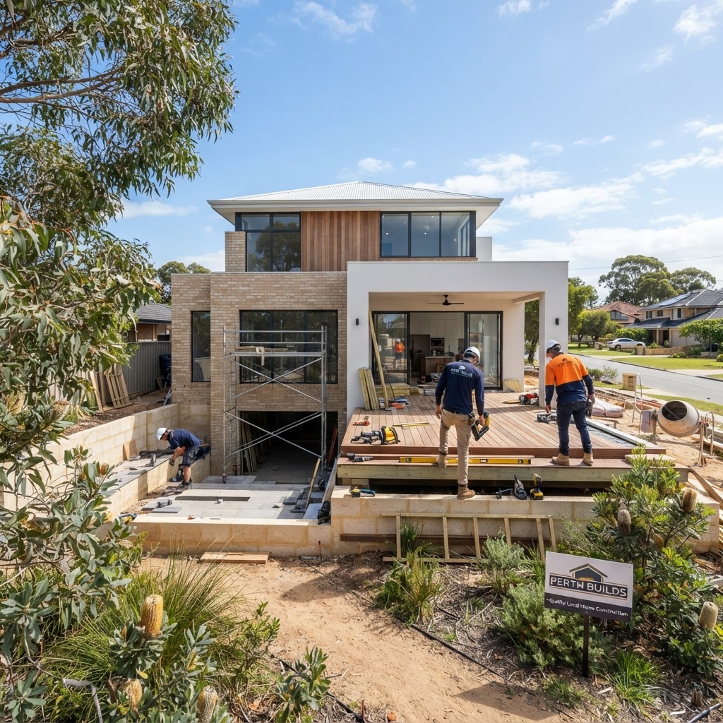 A professional construction site featuring roofing, fencing, and decking in Perth.