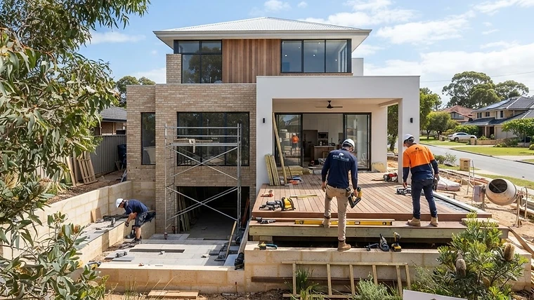 A professional construction site featuring roofing, fencing, and decking in Perth.