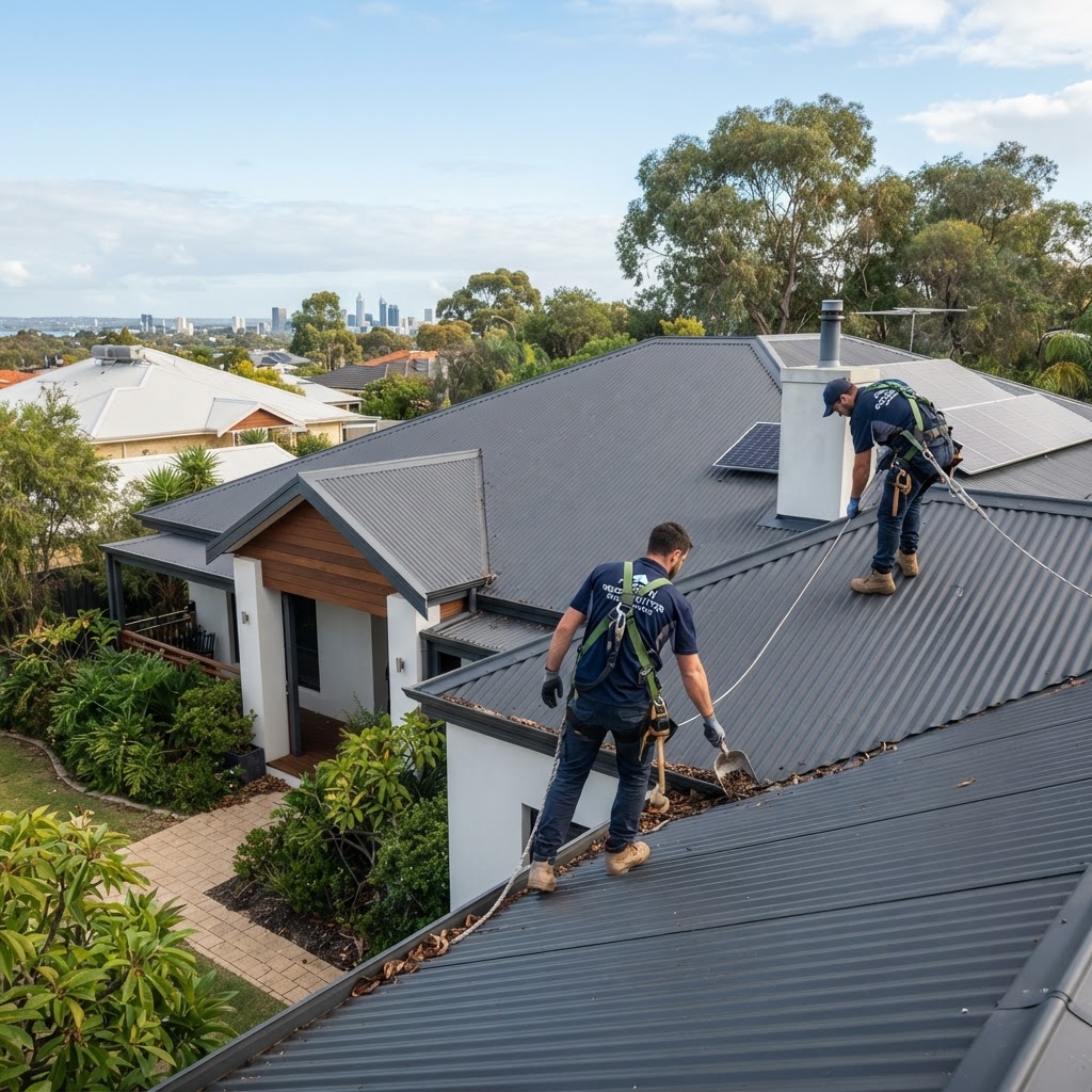 A professional roofing contractor performing an inspection on a residential roof in Perth.