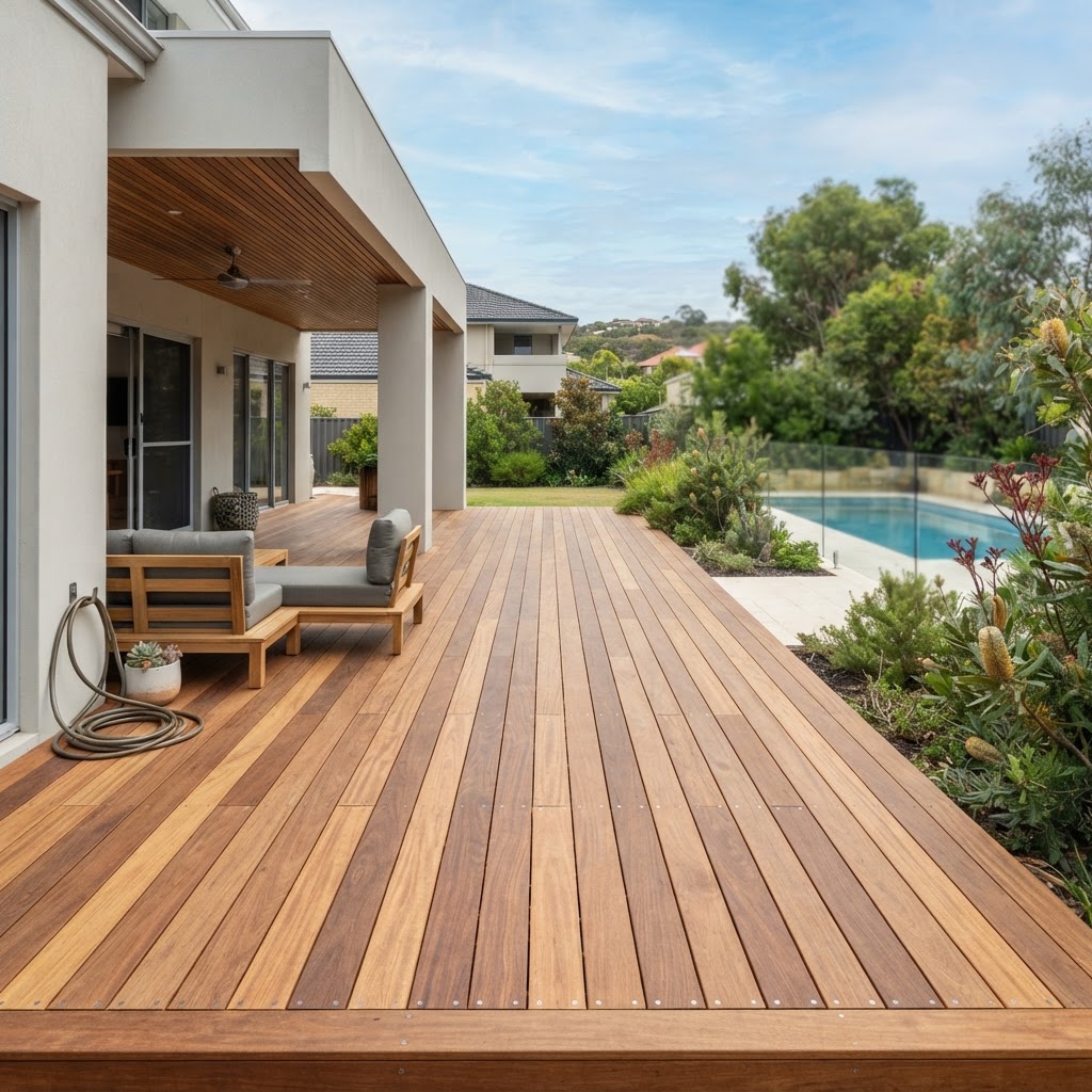 A beautiful timber deck installed in a Perth garden setting.