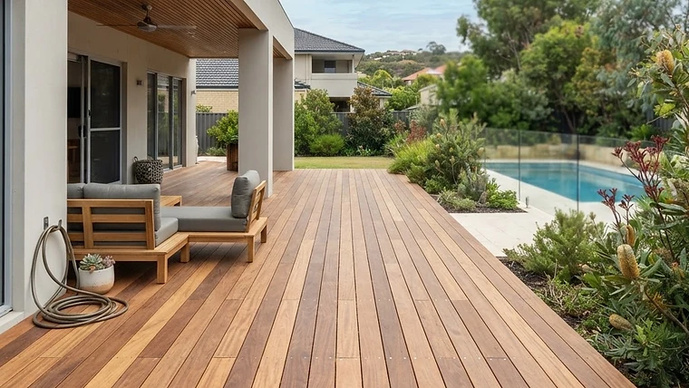 A beautiful timber deck installed in a Perth garden setting.