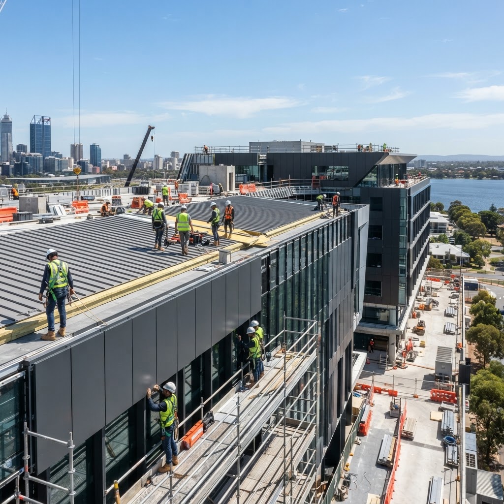Professional commercial roofing and cladding installation on a Perth building site.