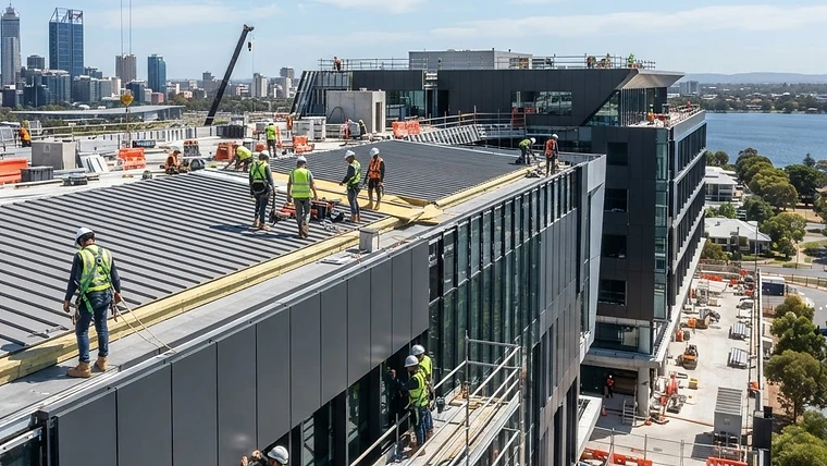 Professional commercial roofing and cladding installation on a Perth building site.