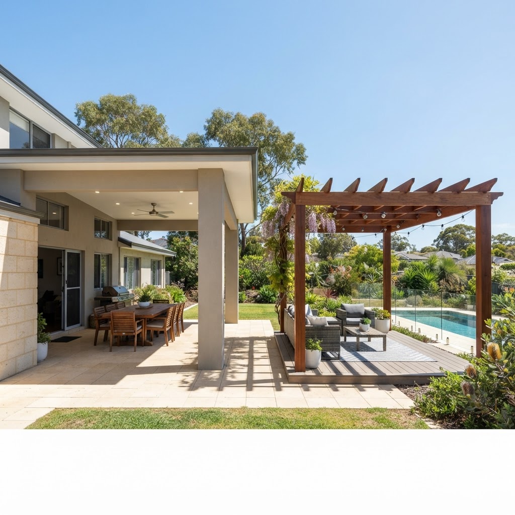 A custom built patio structure in a modern Perth backyard.