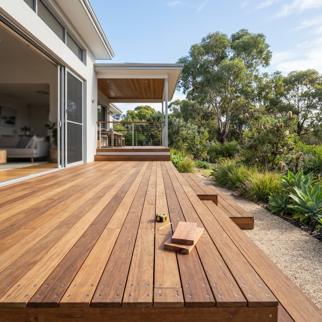 Professional timber decking installation in a Perth garden setting