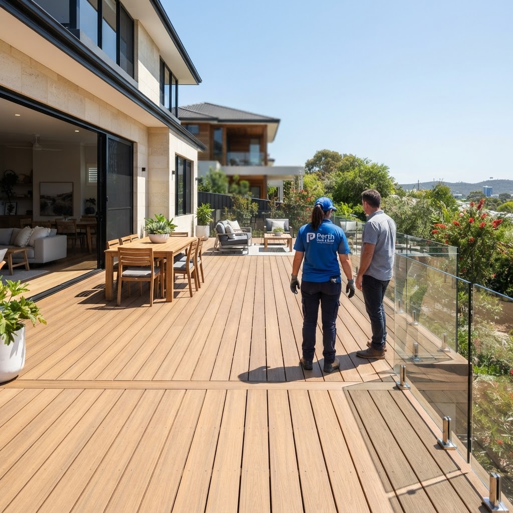 A professionally installed outdoor timber deck in a modern Perth residential backyard.