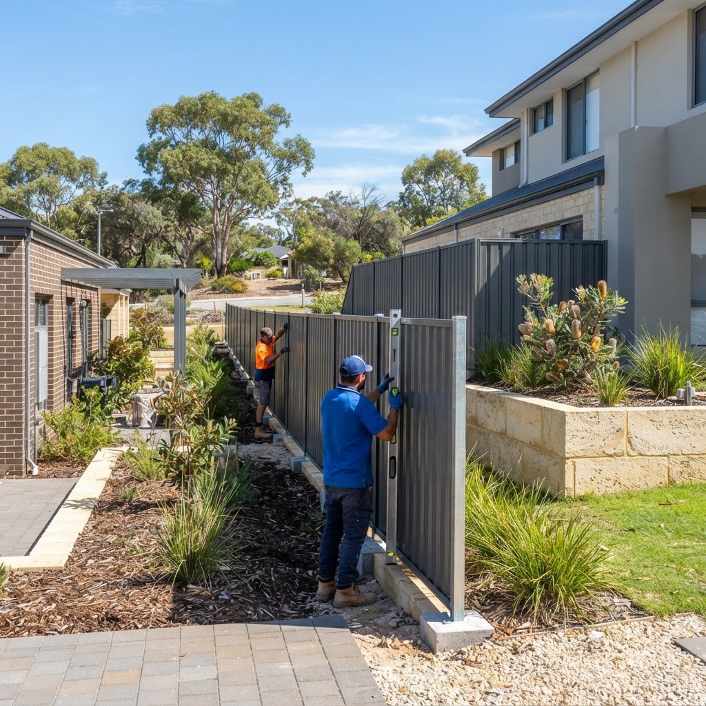 Professional installation of a modern boundary fence in a Perth residential backyard.