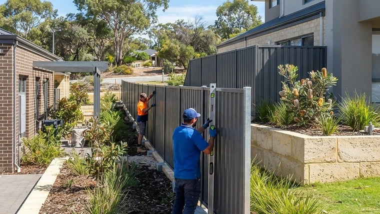 Professional installation of a modern boundary fence in a Perth residential backyard.