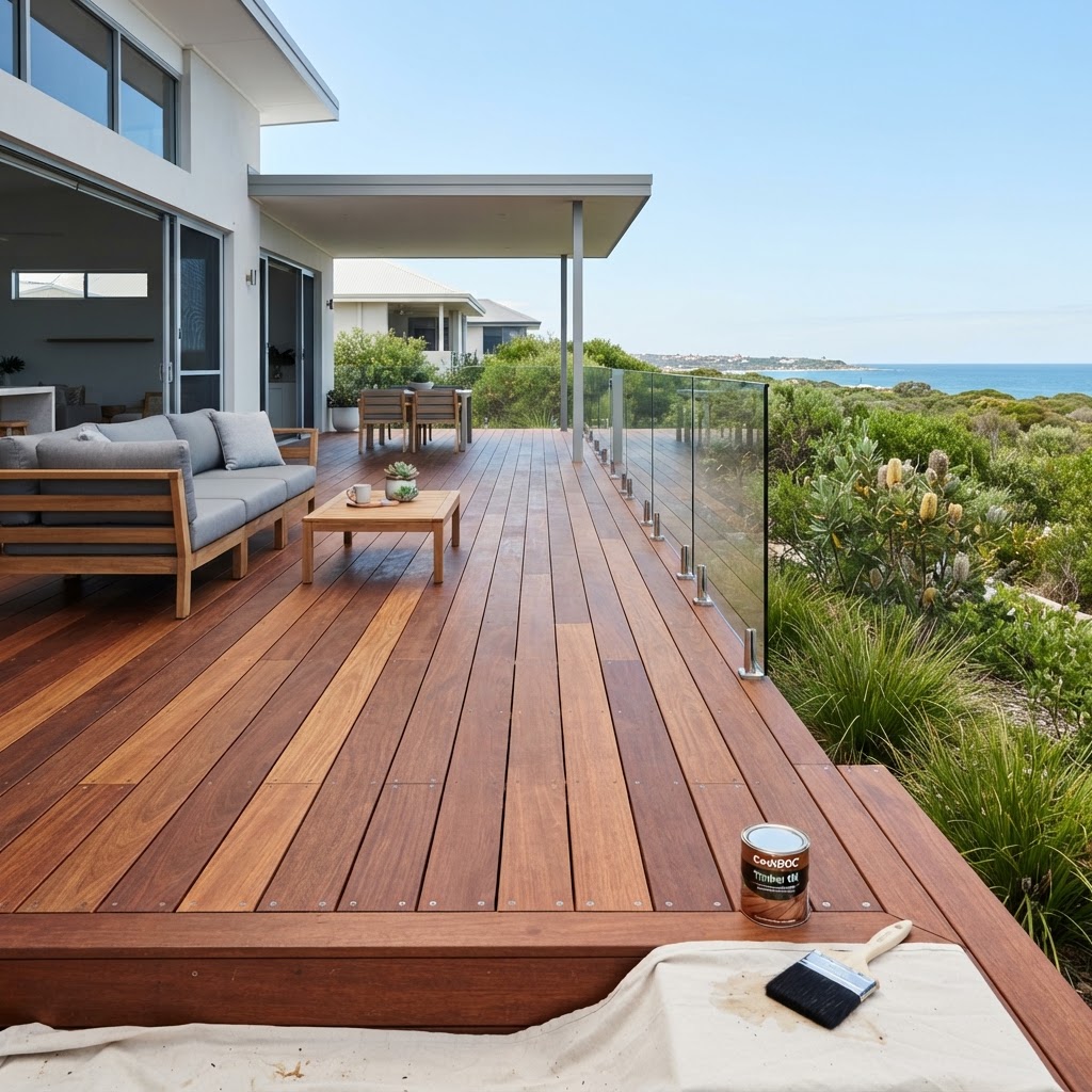 A beautifully maintained timber deck in a Perth backyard.