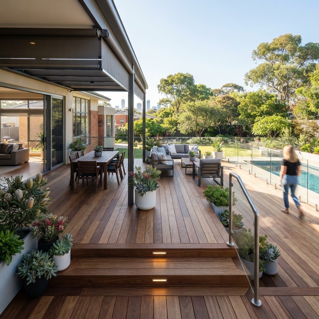 A professionally installed timber deck in a modern Perth backyard setting.