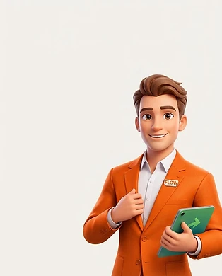 Personagem ilustrado da FLOW em blazer laranja, representando o atendimento administrativo.