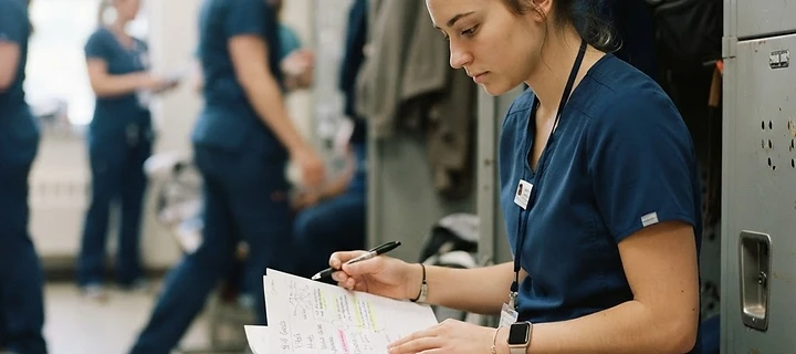 Student nurse reviewing notes before clinical shift.