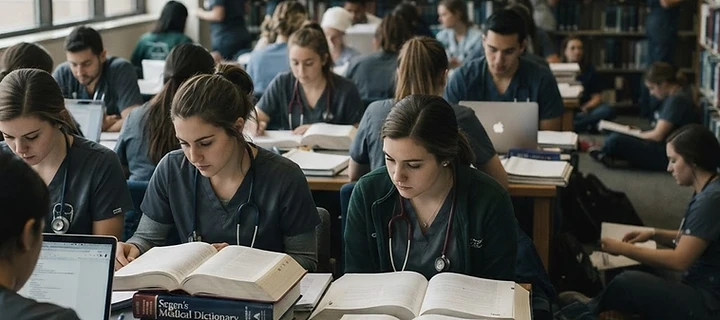 Nursing students studying in a crowded library.
