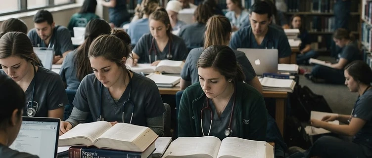 Nursing students studying in a crowded library.