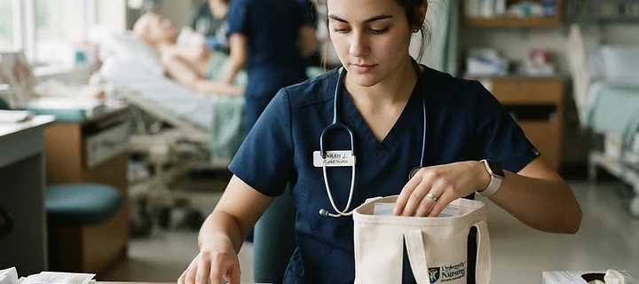 A nursing student preparing clinical supplies.