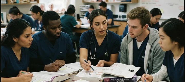 Nursing students reviewing curriculum in a classroom.