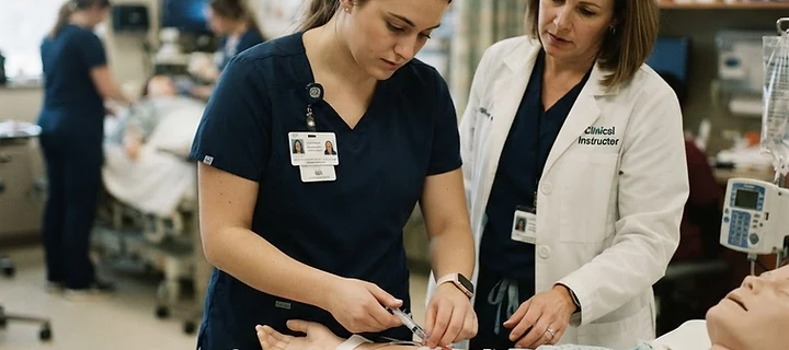 Nursing student practicing clinical skills in lab.