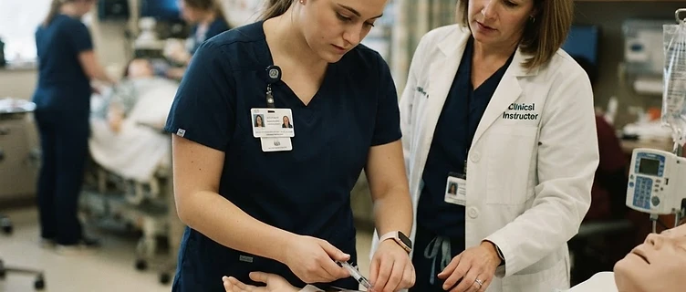 Nursing student practicing clinical skills in lab.