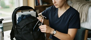 Nursing student preparing gear for clinical rotation.