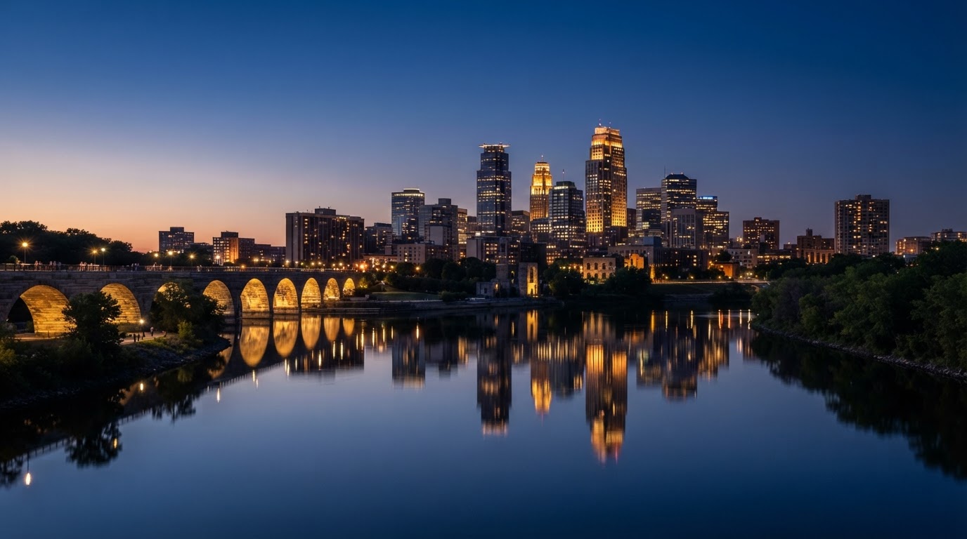 Minneapolis skyline at blue hour along the Mississippi River