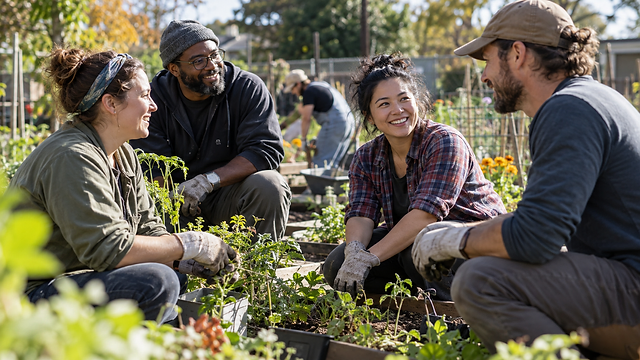 Adults talking while working together in a community garden.