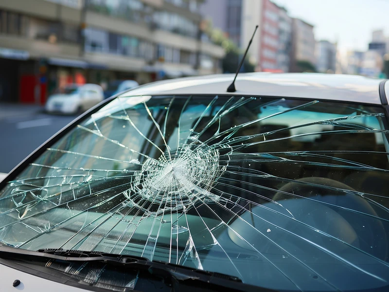 Close-up of a car windshield shattered in a circular impact pattern