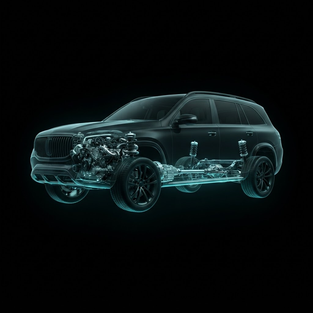 3D render of a vehicle chassis and drivetrain