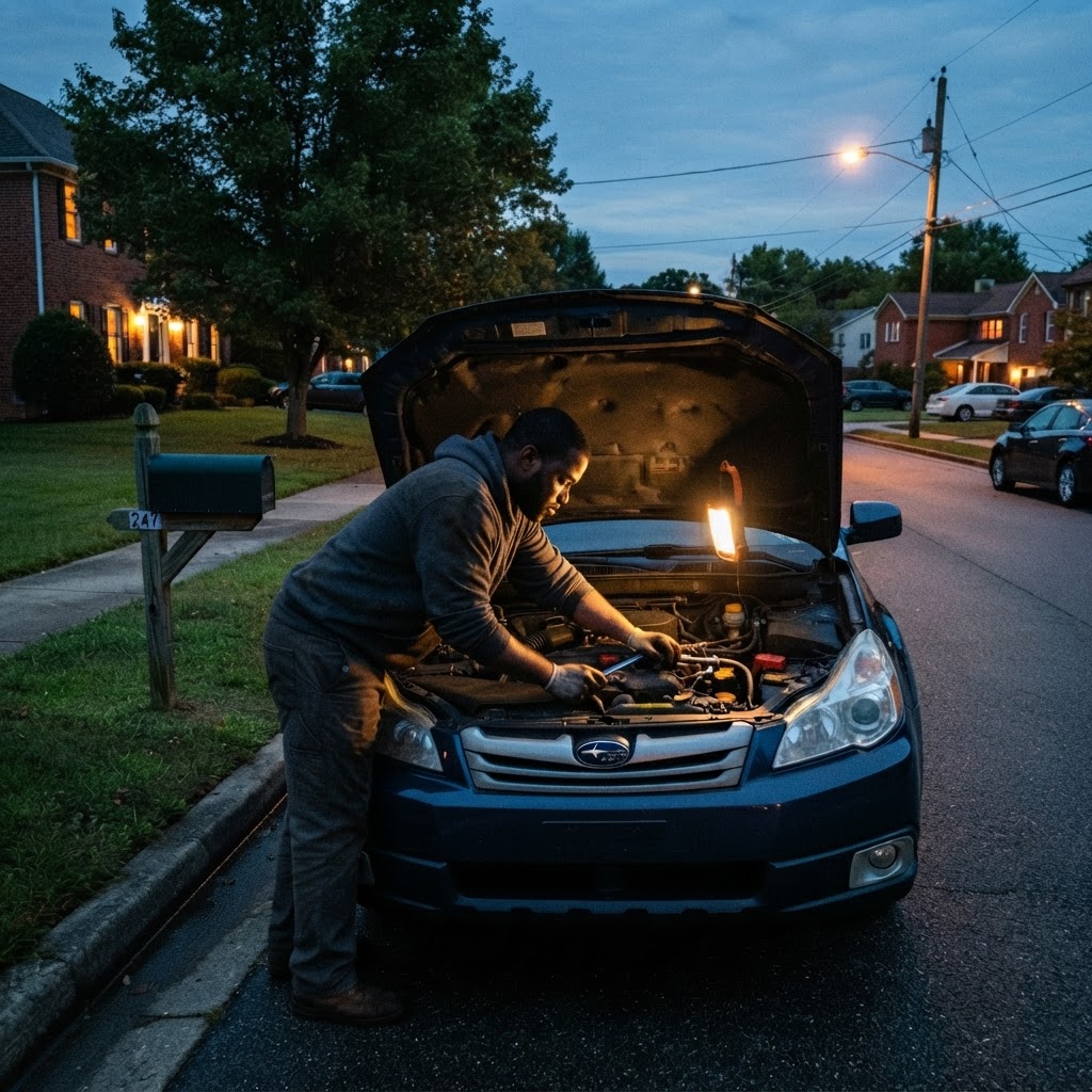 Roadside repair after dark — Woodbridge