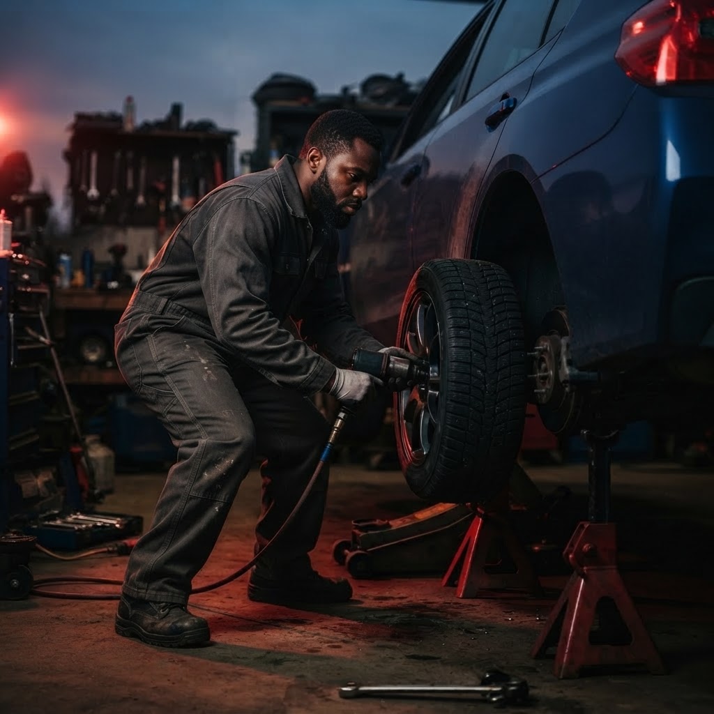 Tire change at dusk — roadside