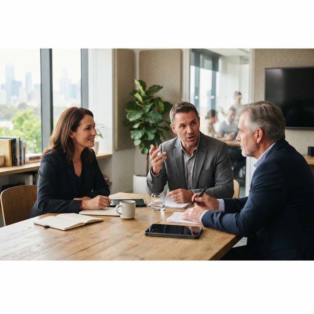 Executives in a thoughtful working conversation in a naturally lit boardroom